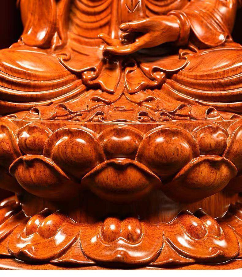 Rosewood Lotus Seated Guan Yin Bodhisattva Statue - Solid Wood Carving Handicraft for Home and Worship Decor