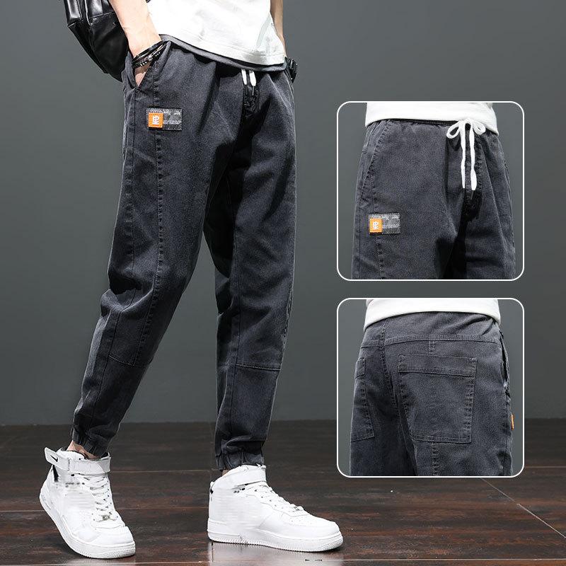 

2024 летние мужские тонкие джинсовые брюки в стиле ретро, ​​однотонные свободные повседневные брюки до щиколотки для походов и бега, брюки для бега, большие размеры, S-5XL XL чёрный