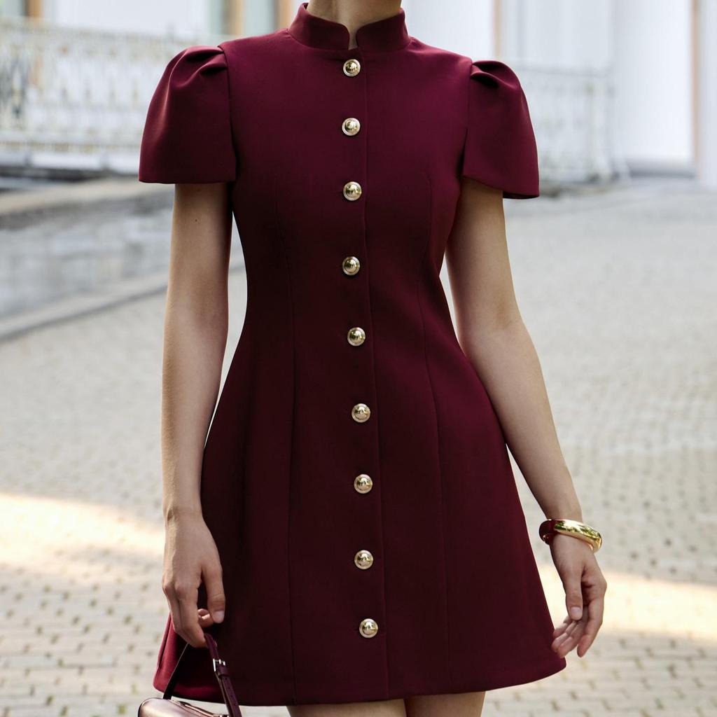 Independent Solid Color Short-Sleeve Button-Up Dress