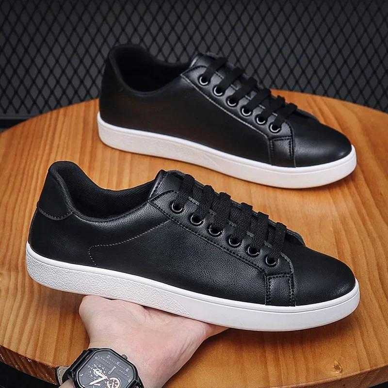 Men's Sneakers Classic Leather Casual Shoes Light Comfort Walking Shoes Lacce Up Flats Black White Tenis Shoes  Hombre