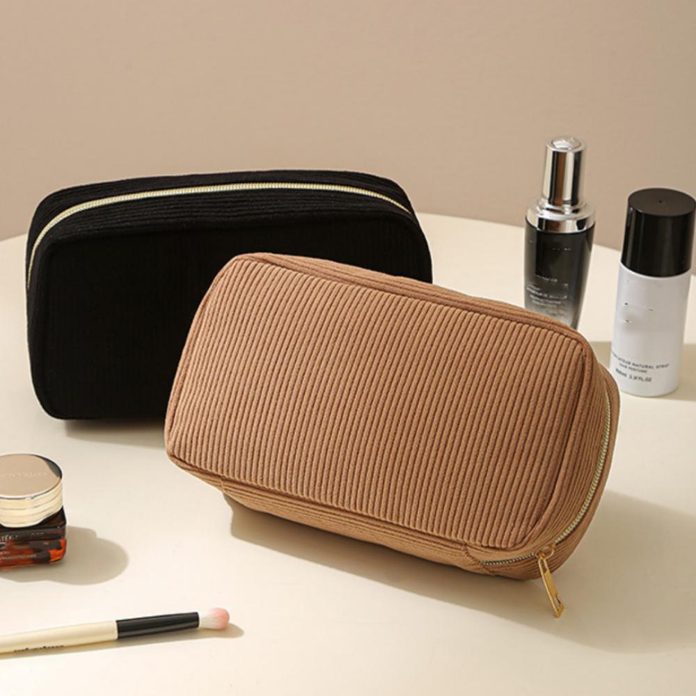 Women Corduroy Stripe Makeup Bag Large Capacity Cosmetic Storage Bag Portable Travel Zipper Washing Bag Toiletry Organizer Pouch