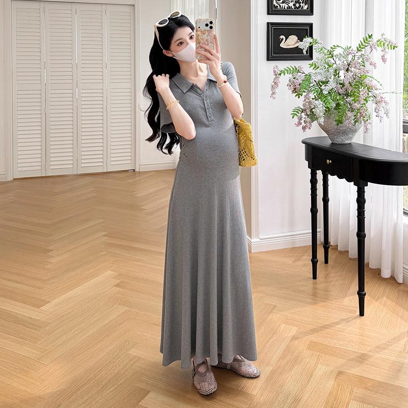 2026 Summer Maternity Lapel Slimming Short-Sleeve Long Dress L