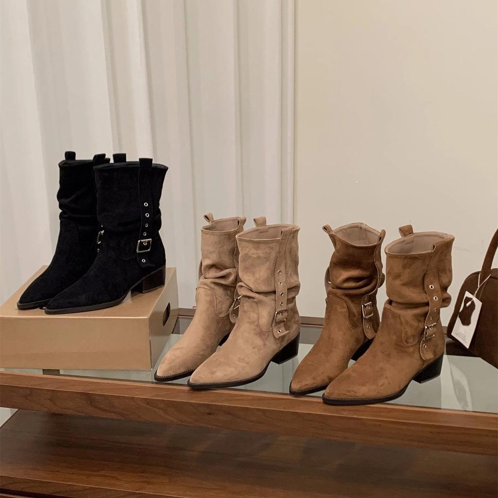 High Heel Pointed Skinny Suede Martin Boots Women's Boots 2026 Autumn/Winter Western Cowboy Medium Boots Pile Boots Short Boots