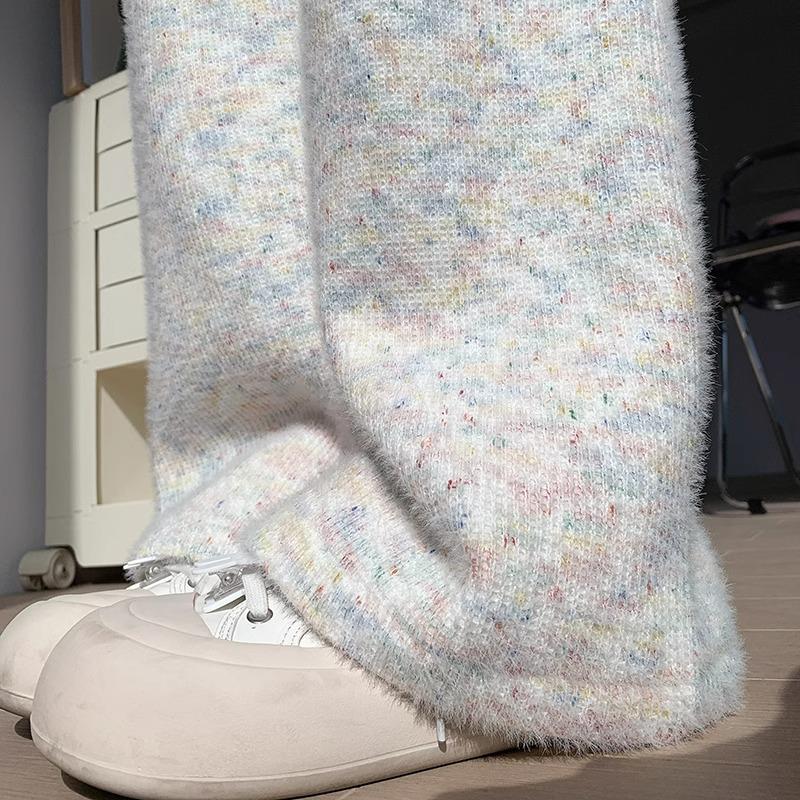 Petite Rainbow Dot Fleece-Lined High Waist Knit Wide-Leg Pants - Women's Autumn/Winter 145XS
