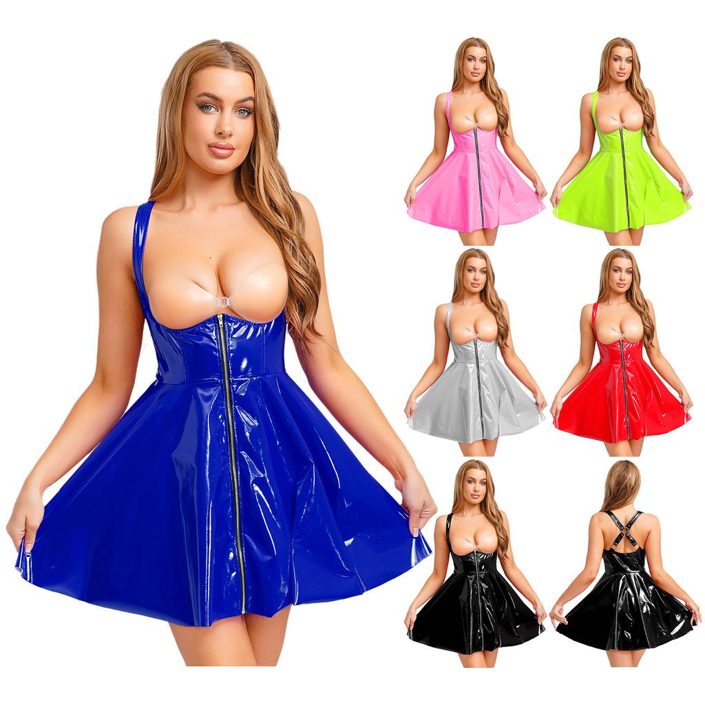 Rochie Gothic Punk pentru Femei Aspect Umed Lucios Linie A Decolteu Decoltat Fără Mâneci Fermoar Frontal Spate Încrucișat Clubwear