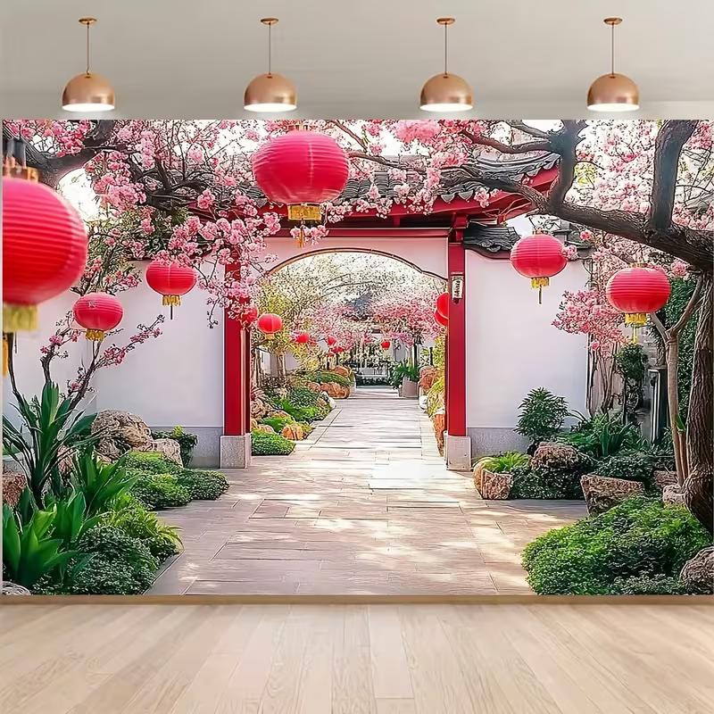 

2D Lunar New Year Tapestry, Red Lanterns and Blooming Cherry Blossoms in Garden 47.2x31.5inch/120*80cm