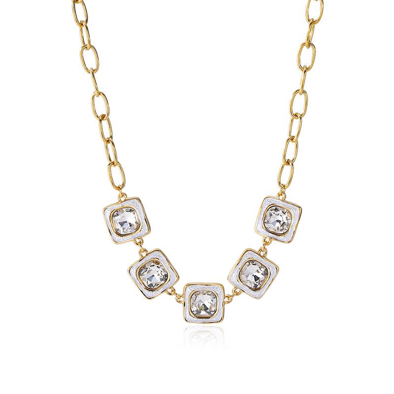 European and American retro white enamel square zircon necklace stainless steel back-shaped thick chain women's collarbone chain heavy industry model
