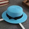 Beach Straw Hat Flat Top Wide Brim Sun Protection Hat with Black Ribbon Bow Hand-Woven Breathable Summer Hat