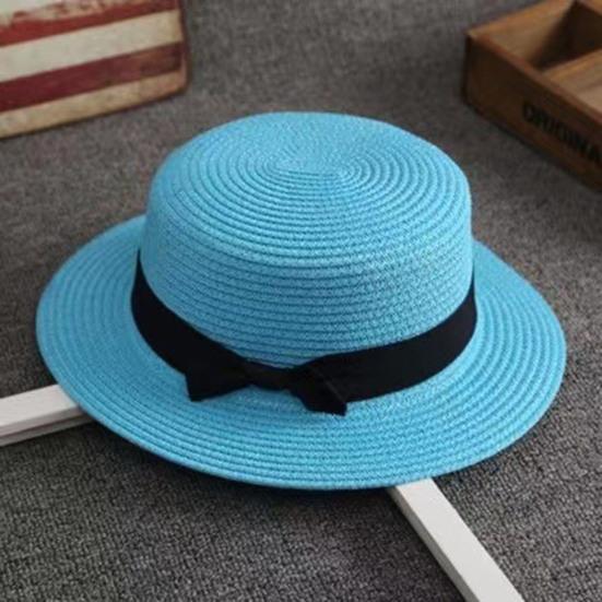 Beach Straw Hat Flat Top Wide Brim Sun Protection Hat with Black Ribbon Bow Hand-Woven Breathable Summer Hat