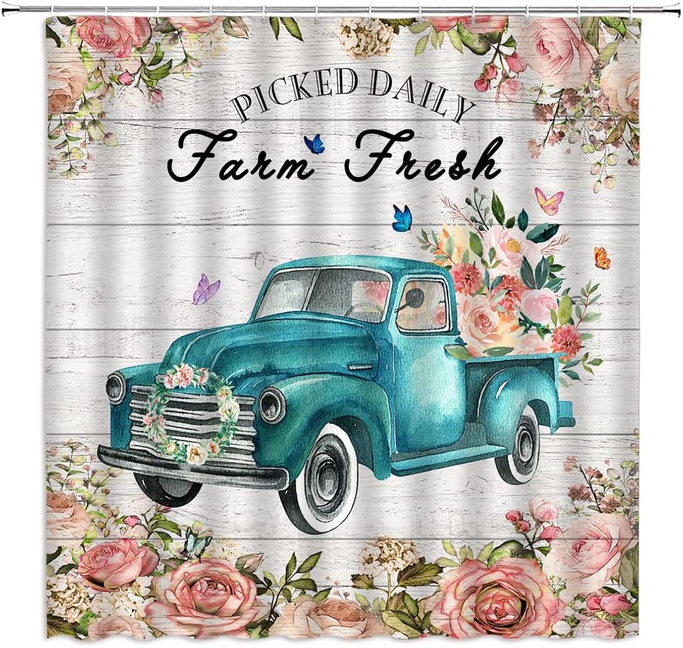 Rustic Framhouse Truck Flower Shower Curtain Farm Fresh Flower Blue Teal Truck on Rustic Vintage Wooden Retro Country Style