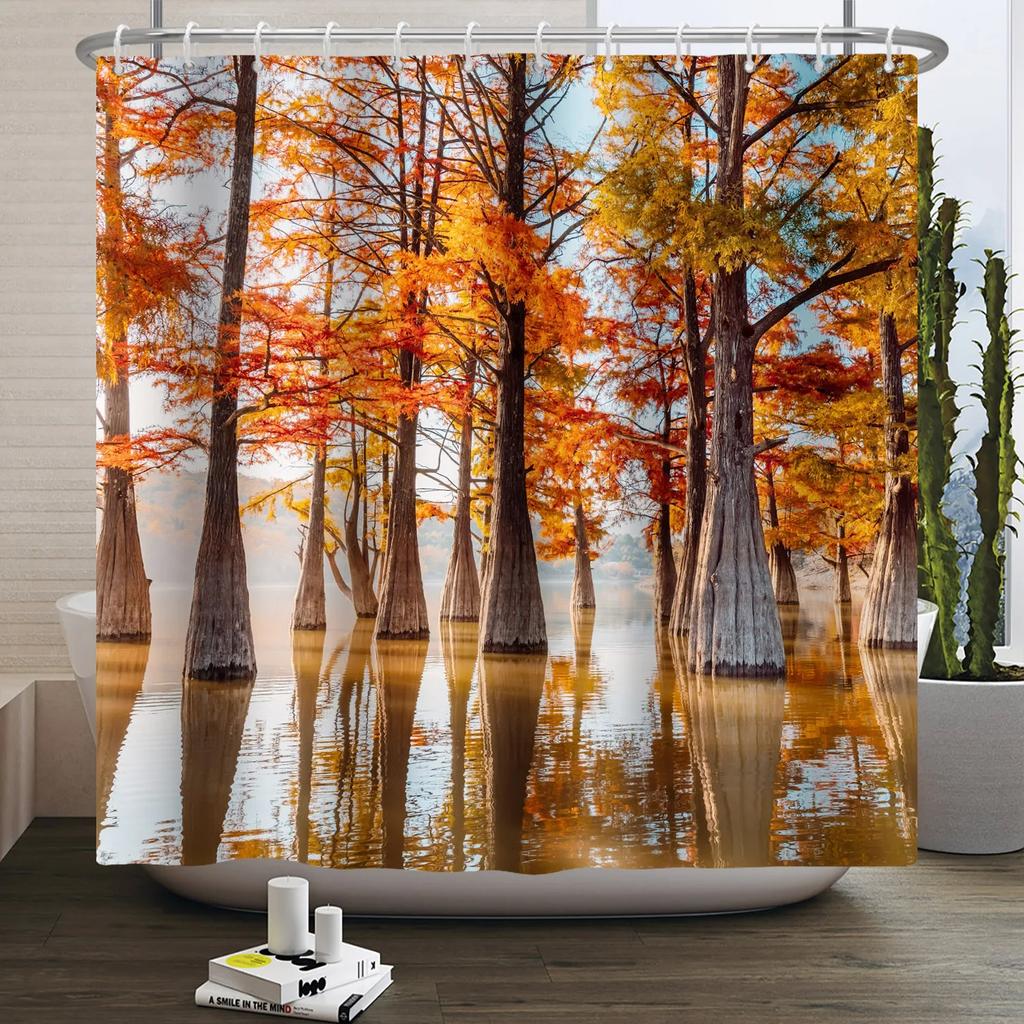 Fall Forest Natural Scene Shower Curtain for Bathroom Autumn Maple Tree Plants Rural Landscape Pumpkin Waterproof Shower Curtain