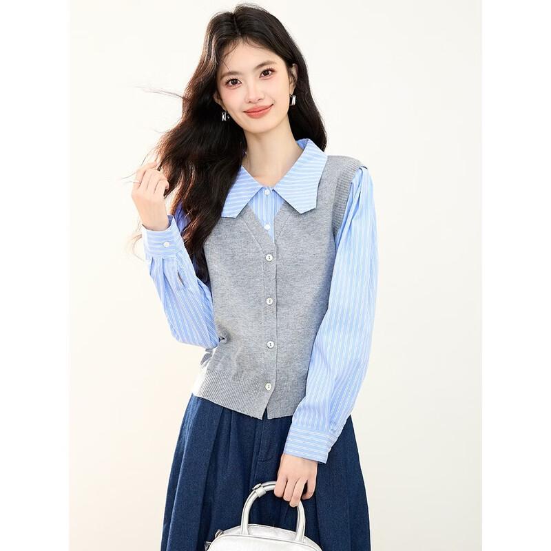 Women's Faux Two-Piece Striped Long Sleeve T-Shirt