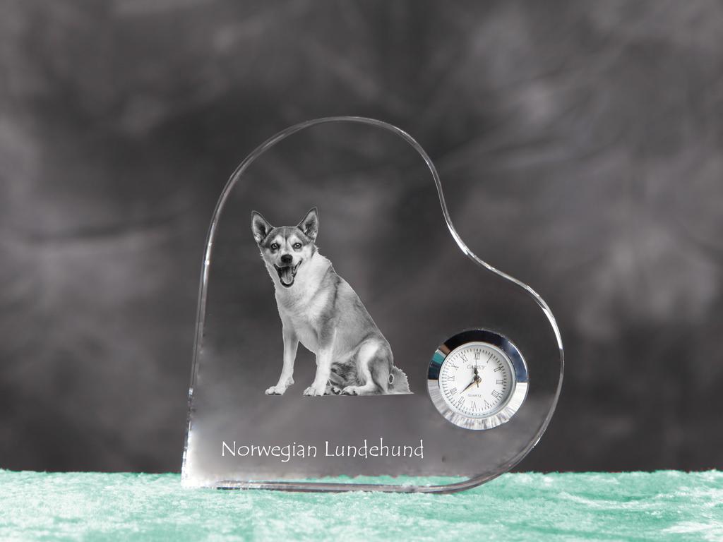 Norwegian Lundehund, Norsk Lundehund – Crystal clock with a dog picture, heart-shaped shelf clock | Art-Dog