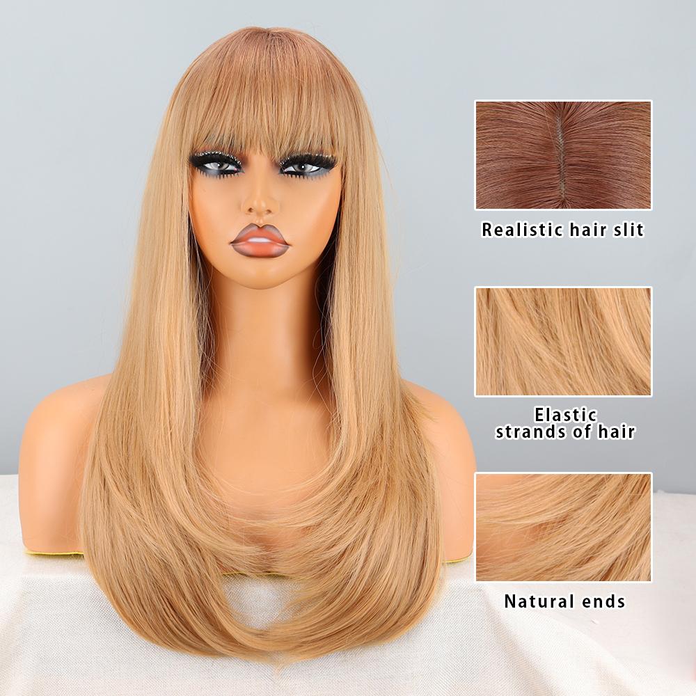 MISSQUEEN Women Long Layered Light Brown Ombre Wig with Bangs Synthetic Fiber Natural Straight Daily Wear Cosplay Wig