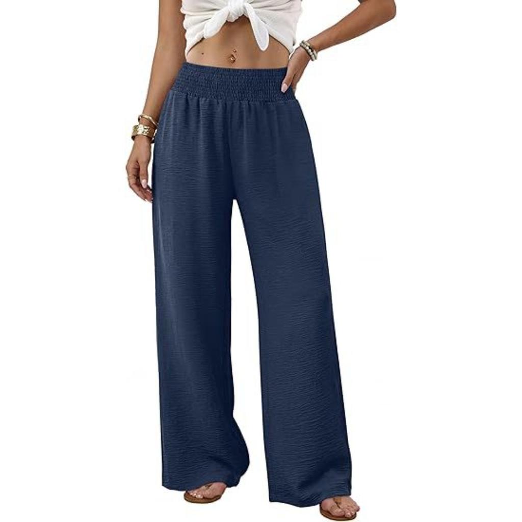 Damen High Waist Geraffter Elastischer Bund Weiter Bein Lockerer Schnitt Freizeithose