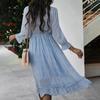 Women's Fashion Long Sleeve V-neck Skirt Pleated Knee-length Print Dress