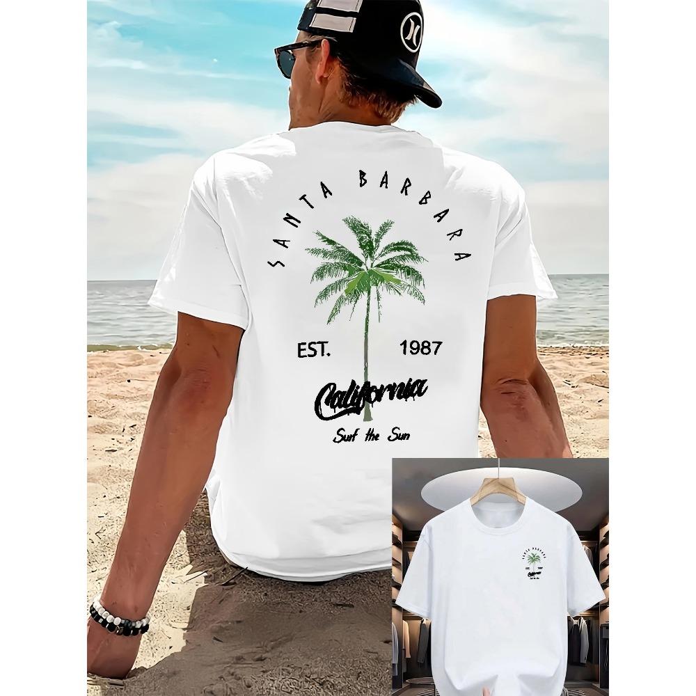 T-shirt Casual Mode d'Été pour Homme 100% Coton Pur Coupe Ample Imprimé Cocotier Plage Californie Manches Courtes Sport