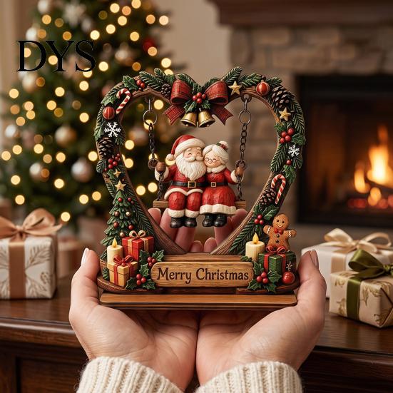 Wooden Heart Shaped Ornaments Christmas Santa Claus Ornament, Vintage 2D Flat Wreath Holiday Home Accents Desktop Plaque, Decoration for Shelf, Table,