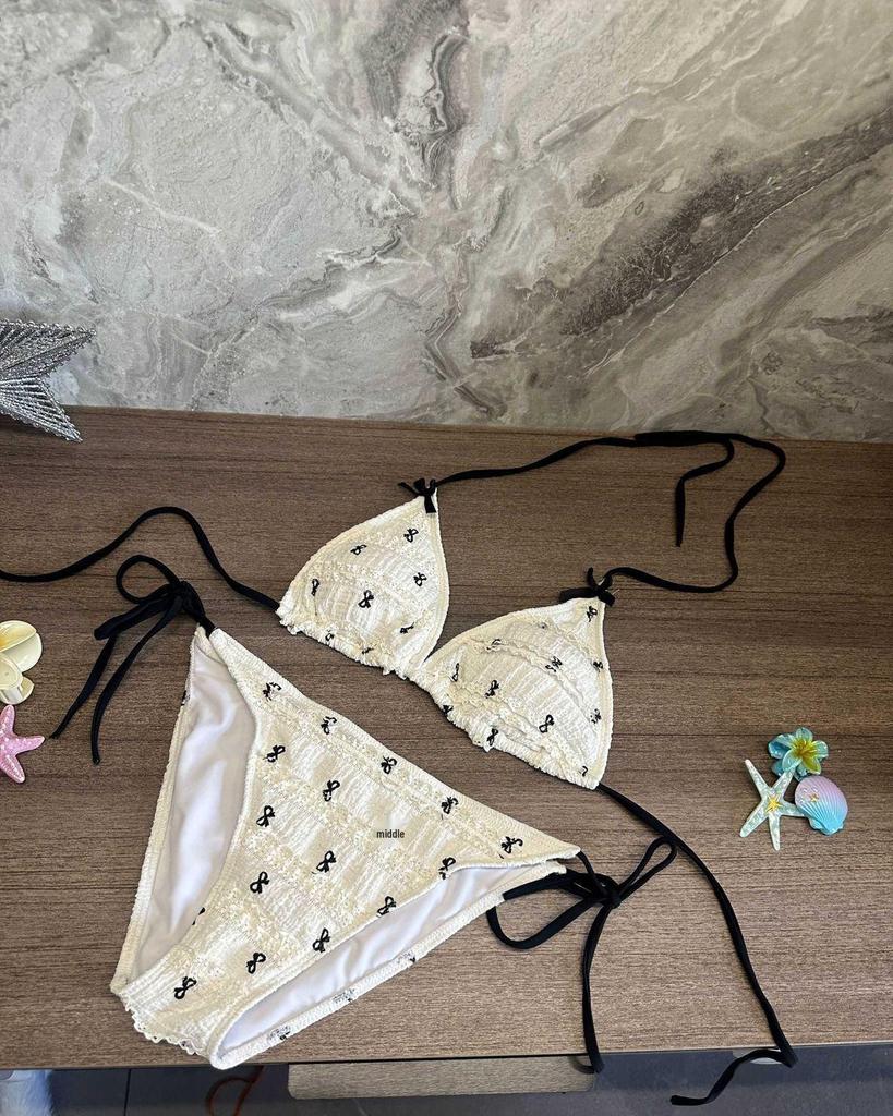 French Style Bow Print Bikini Set with Wrap Skirt - Perfect for Small Busts, Pure Desire