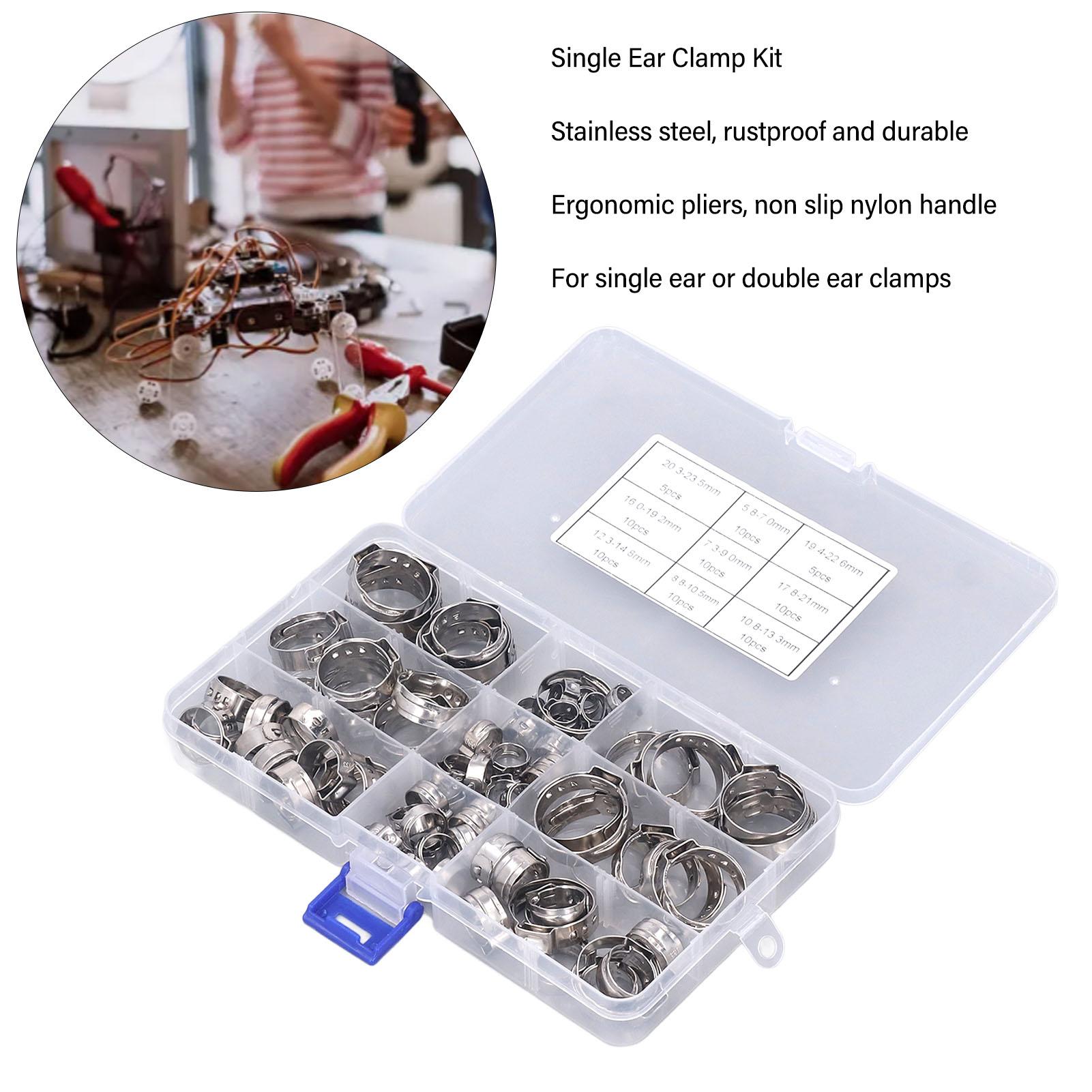 80PCS Hose Clip Assortment Kit Stainless Steel Single Ear Pipe Clamps with Clamping Pliers Stainless Steel Hose Clamps