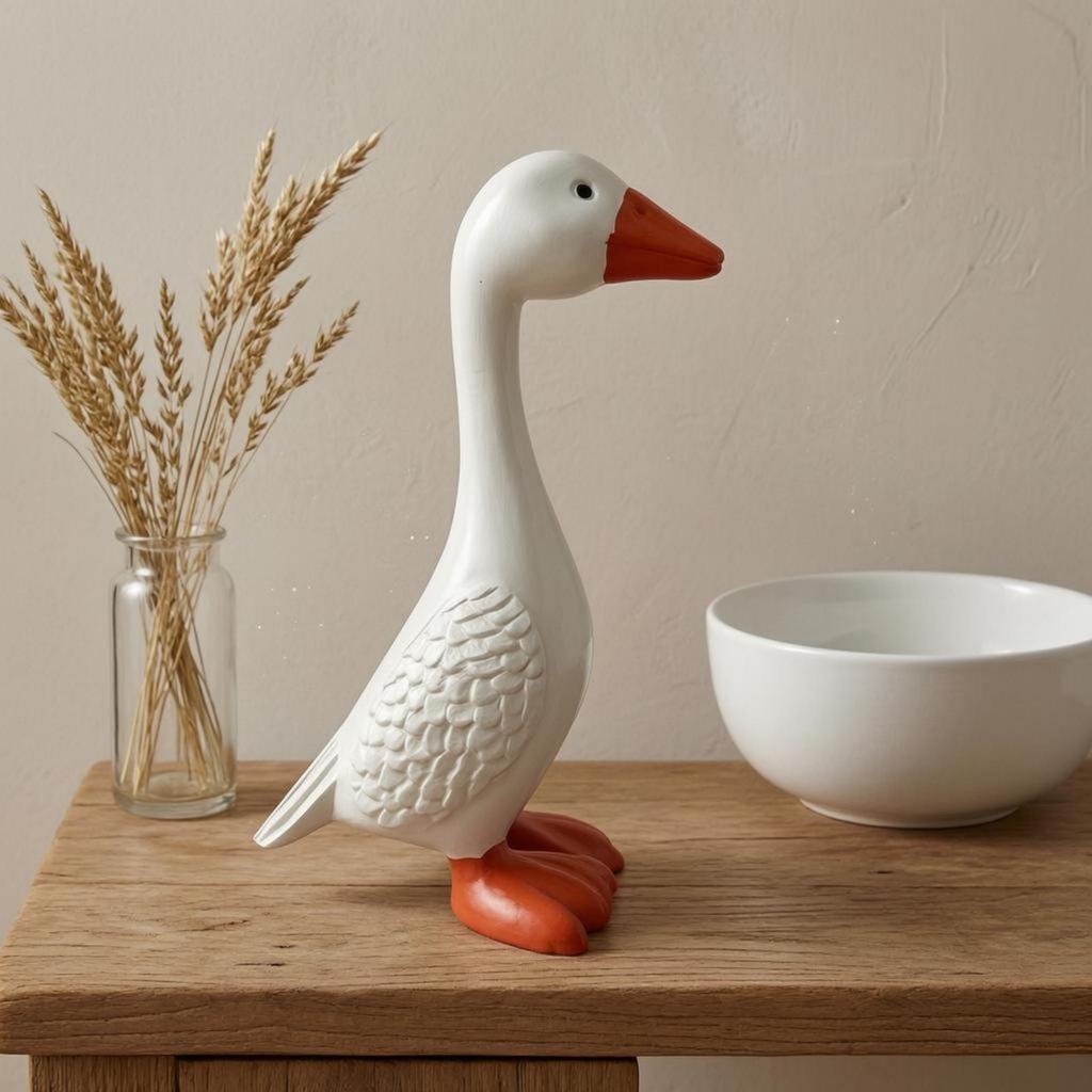 Resin Goose Figurine FeatherTextured White Statue Orange Beak