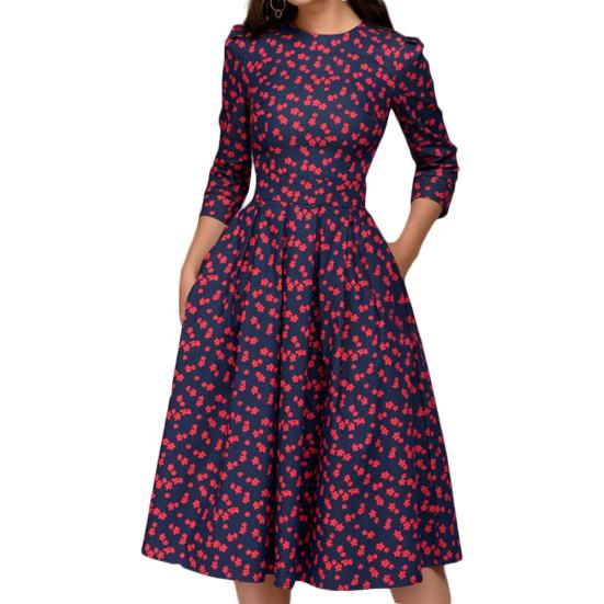 Damen Mode Floral Print Ärmel Rundhals A-Linie Schlank Raffung Party