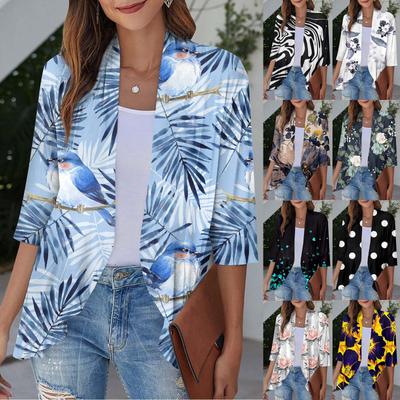 Manteau léger et fin pour femmes, Cardigan à volants imprimé à manches trois-quarts
