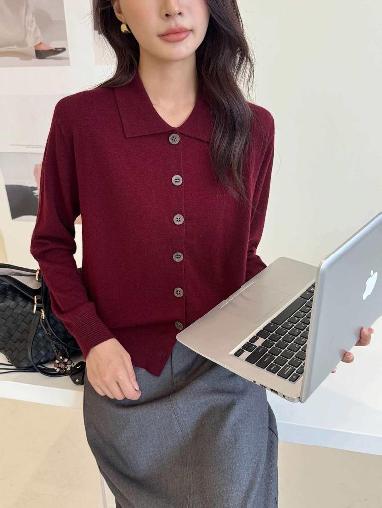 Women's 100% Wool Polo Collar Long Sleeve Cardigan - Old Money Style, Simple Lapel Knit Sweater