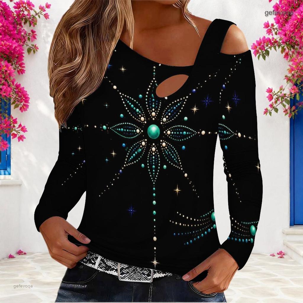 Women Plus Size Asymmetric Cutout Neck Cold Shoulder Long Sleeve Fitted Pastel Gradient Printed Top