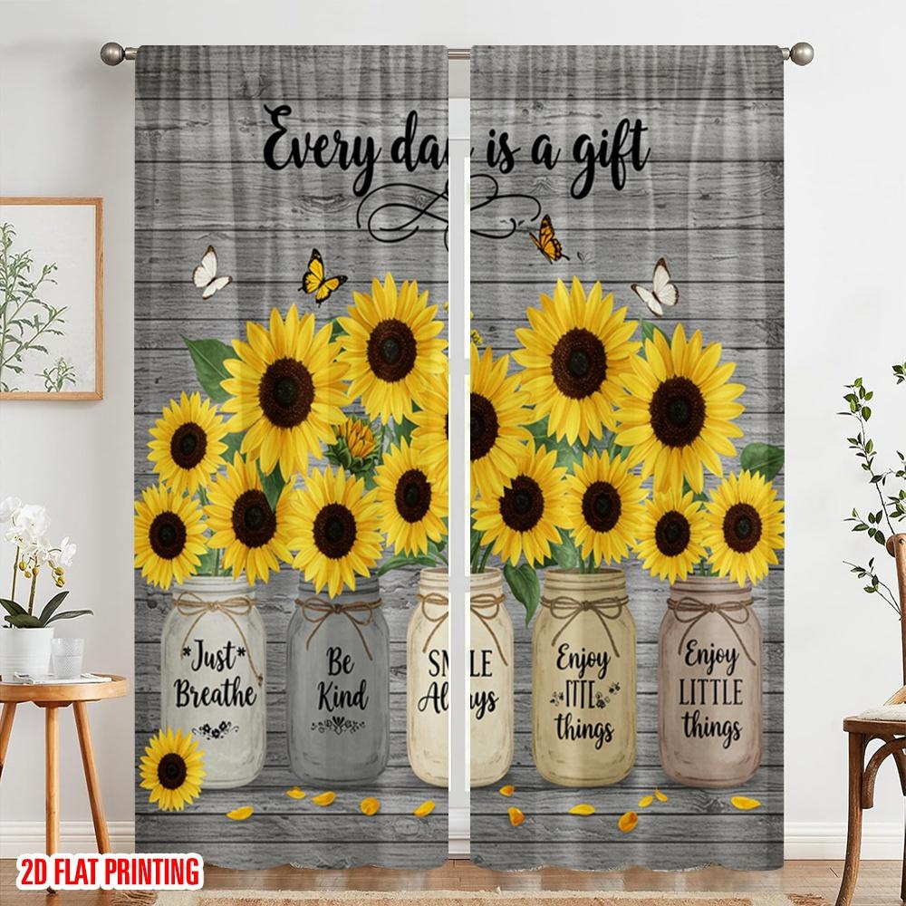 2pcs 2D Flat Printing Window Curtains Sunflowers Mason Jars Butterflies Polyester Without Electricity All Season Party & Holiday