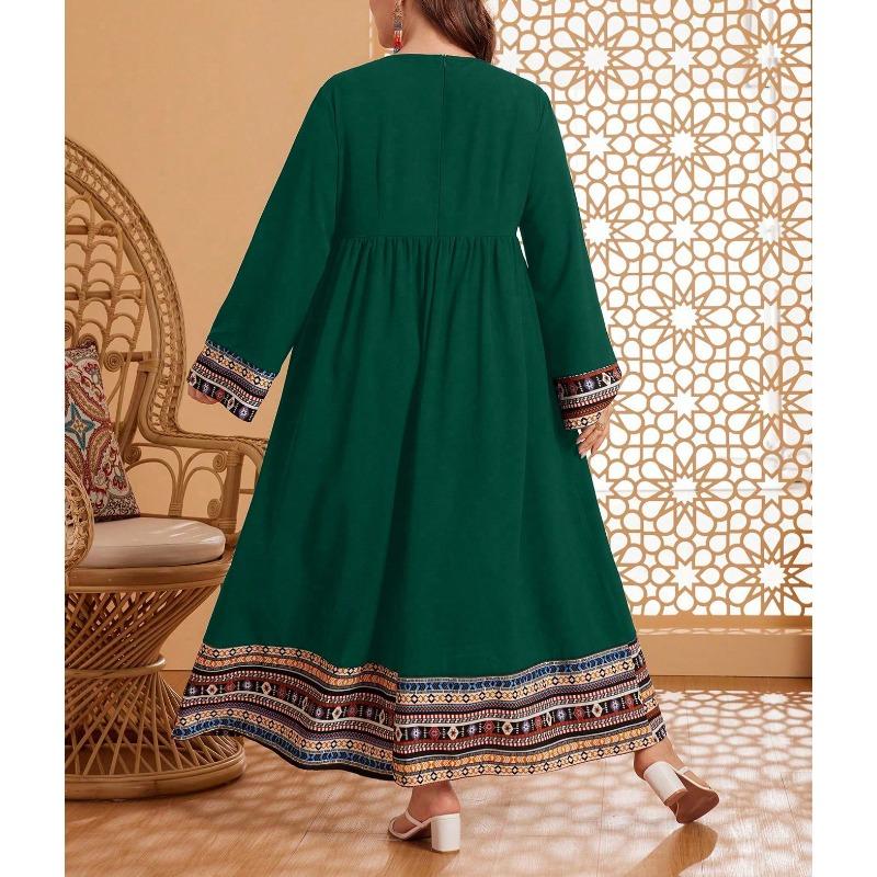Plus Size Vintage Ethnic Embroidered Round Neck Patchwork Long Sleeve Long A Line Dress For Women