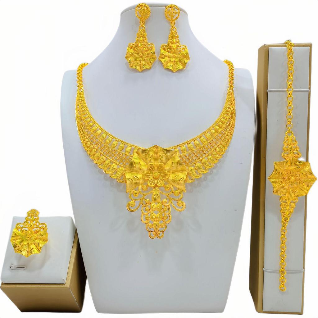 4 Τεμάχια Χρυσό Χρώμα Ινδικό Νυφικό Σετ Κοσμημάτων από Κράμα Ντουμπάι Κολιέ Σκουλαρίκια Για Γυναίκες Γάμο 24 καρατίων Επιχρυσωμένο Αφρικανικά Κοσμήματα Νύφη