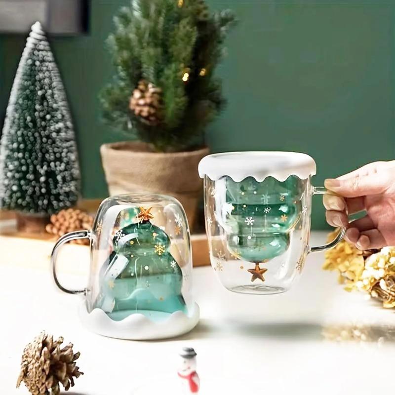 10oz Christmas Coffee Mugs, 1PCS Holiday Cups Double Wall Glass Tableware with Lid And Handle Tree Snowflake Design 300ML