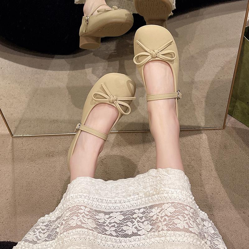 Gentle French Bow Round Head Mary Jane Single Shoes Women's 2025 Spring and Summer New Low Heel Comfortable Commuting Small Leather Shoes