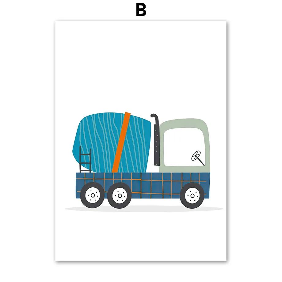 Nordic Cartoon Crane Excavator Dump Truck Front Loader Wall Art Posters and Prints Wall Pictures Kids Room Decor Canvas Painting