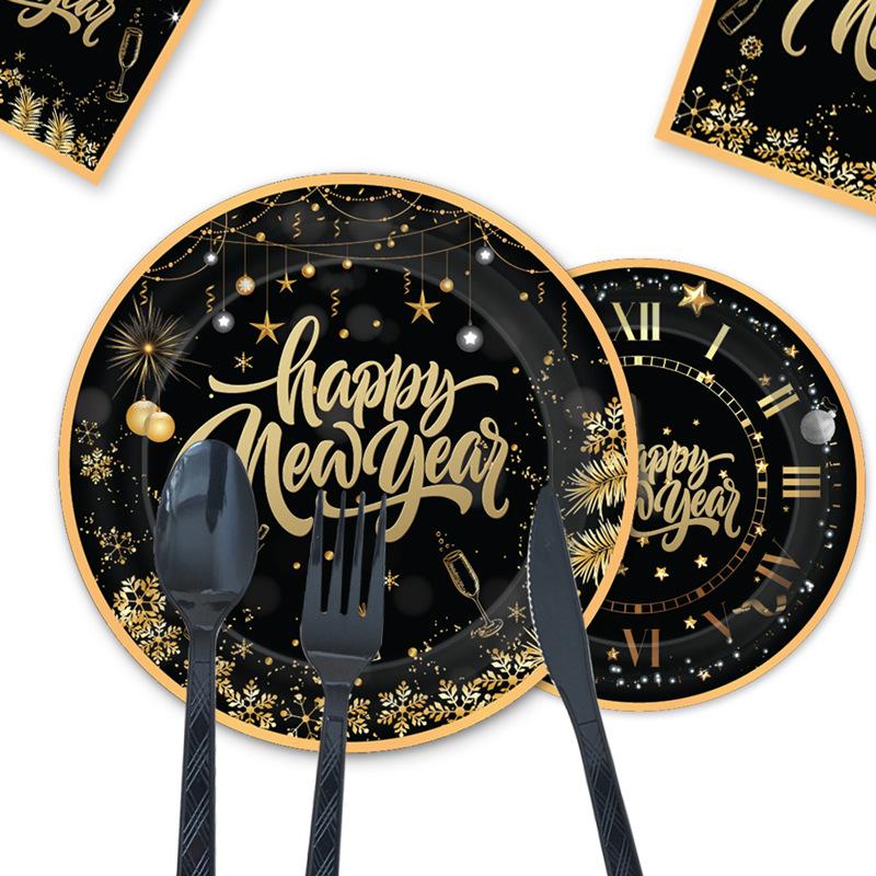 Black And Gold Happy New Year Theme Party Set Paper Cups Paper Plates Paper Towels Tableware New Year'S Arrangement Supplies