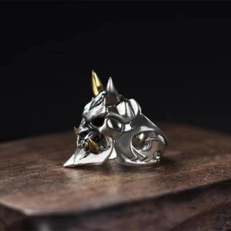 Huaya Men's Anime Cosplay Tokyo Yaksha Skull Mask Design Rings Two Tone Sheep Horn Hip Hop Street Ring Accessories Trend