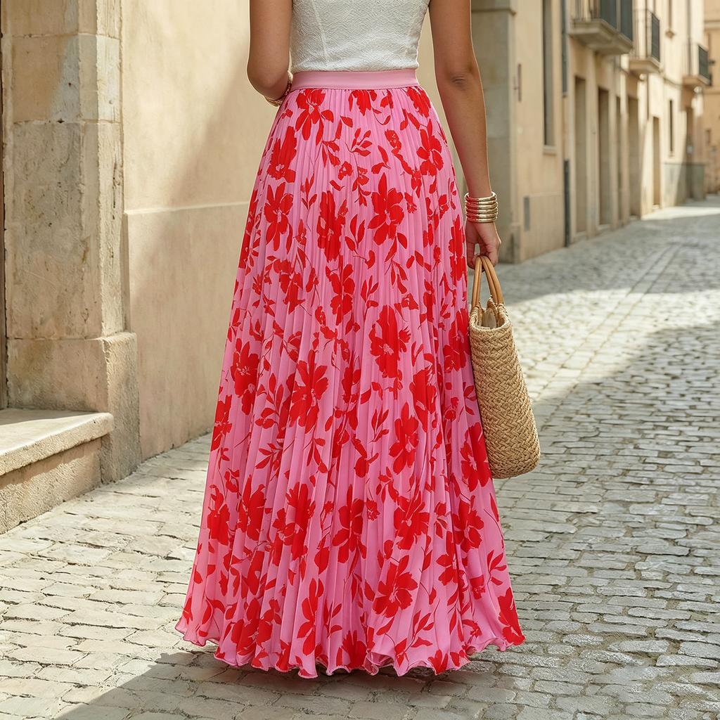 Gonna Lunga Pieghettata con Stampa Floreale Moda Donna Gonna da Vacanza Gonna Lunga a Linea ad A Gonna Leggera e Svolazzante a Mezza Lunghezza per Uso Casual