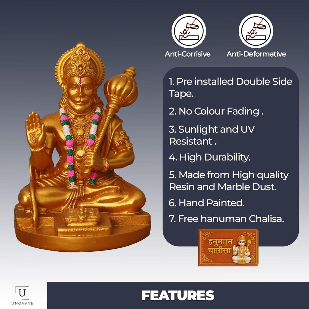 Idole d'Hanuman pour tableau de bord de voiture, Murti pour la maison avec Hanuman Chalisa pour la protection contre l'énergie négative, la chance et le succès