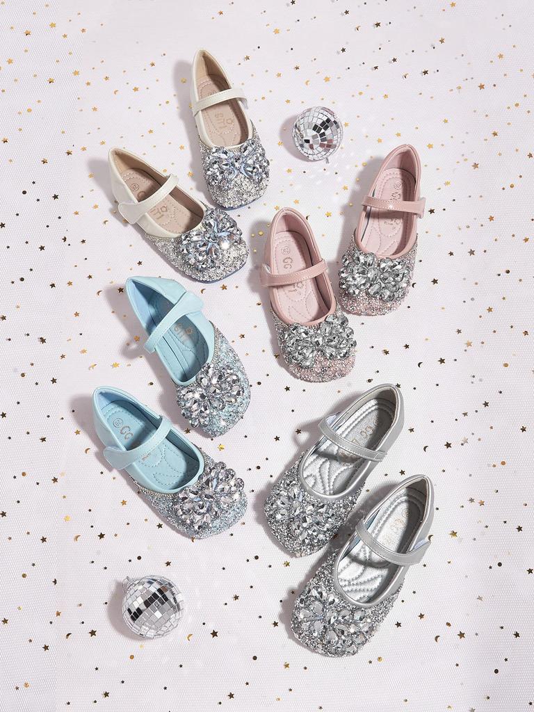 Girls' Elsa Princess Crystal Rhinestone Performance Flats - Non-Slip, Soft Sole