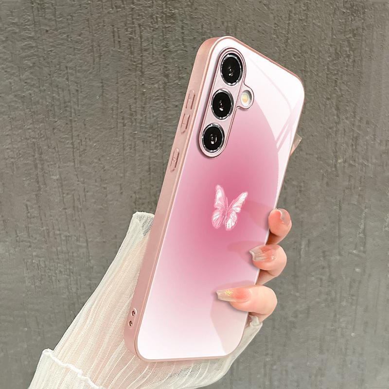 Minimalist Pink Butterfly Glass Phone Case Fashion Phone Cases Mobile Phones for Samsung Galaxy S26 S25 S24 S23 S22FE Ultra Plus