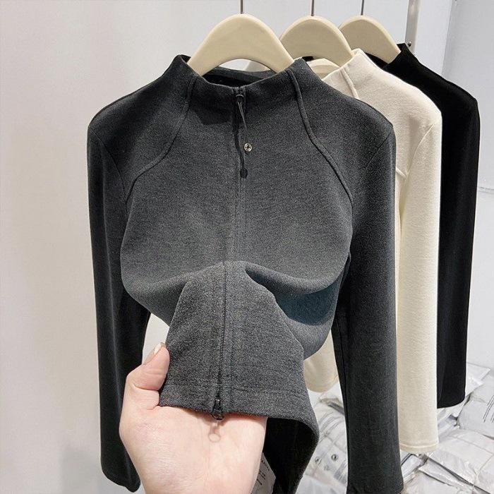 Women's Trendy Black Double Zipper Half-High Collar Fleece Base Layer Top for Autumn/Winter