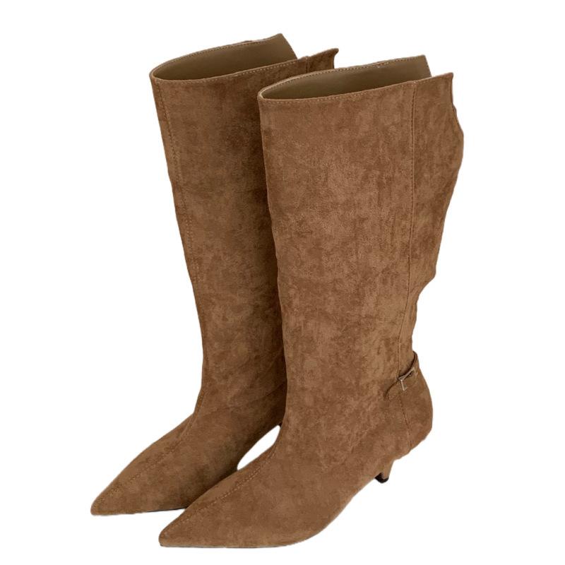 Not Tired of Feet, Autumn and Winter New Mid-heel Simple Temperament Low-heeled Pointed High Boots Rear Buckle Solid Color Wide Boots