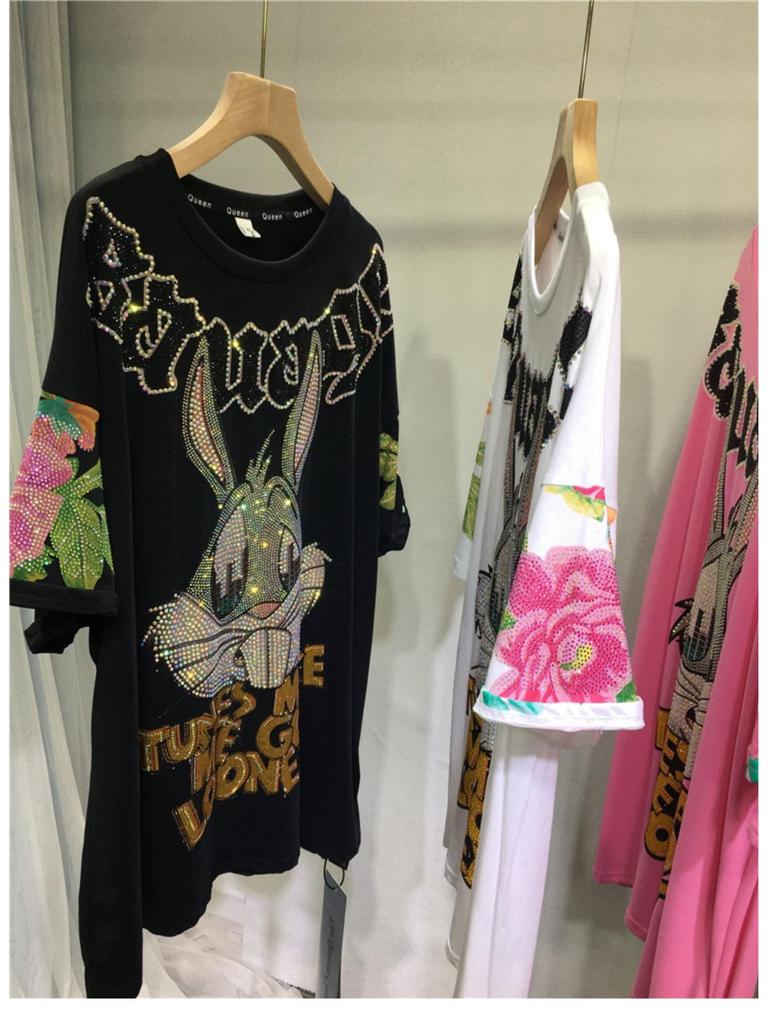 Dámské módní tričko s krátkým rukávem a kulatým výstřihem, velikost plus, s pivoňkou a králíčkem s diamanty, pro ženy 200-300 lbs