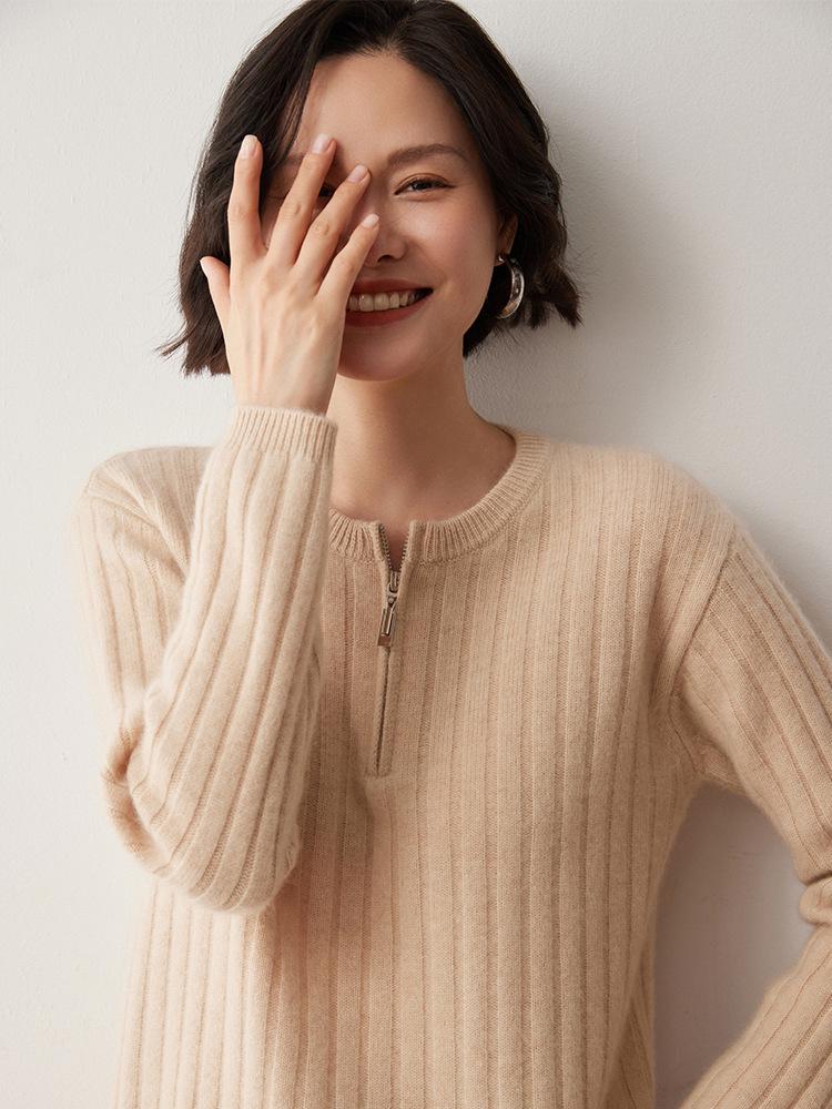 Women's Half-Zip Cashmere Knit Sweater – Long Sleeve, Round Neck Pullover for Autumn and Winter