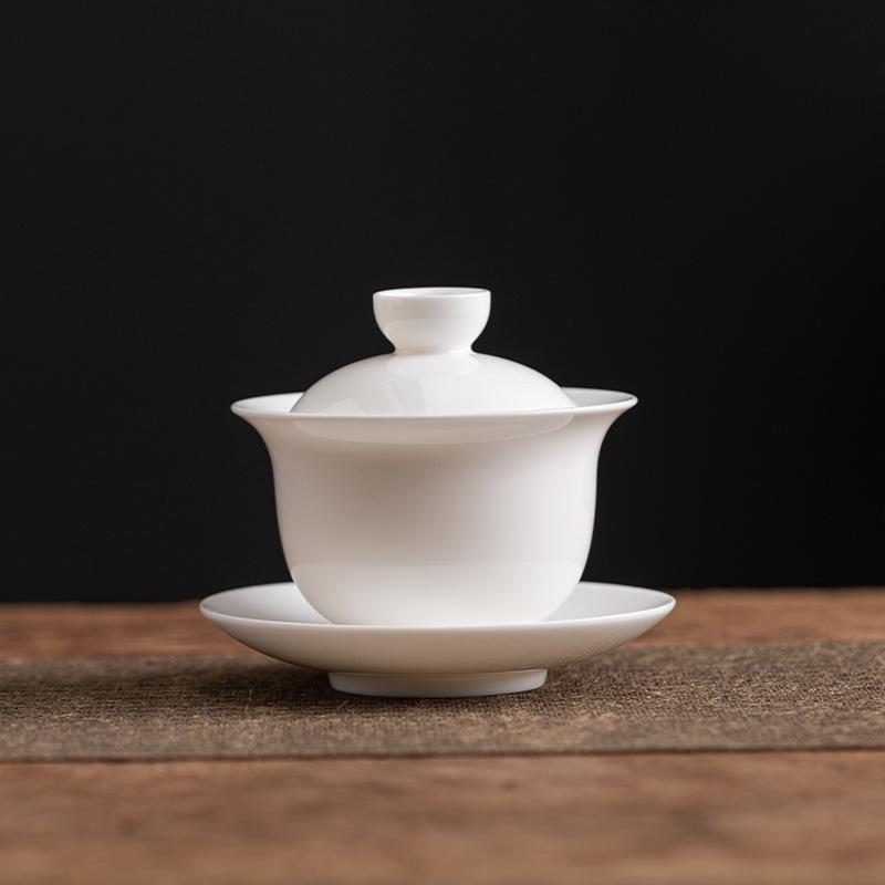 Light Luxury Suet Jade Cover Bowl White Porcelain Tea Bowl with Cover Large Kung Fu Household Tea Set Tea Enterprise