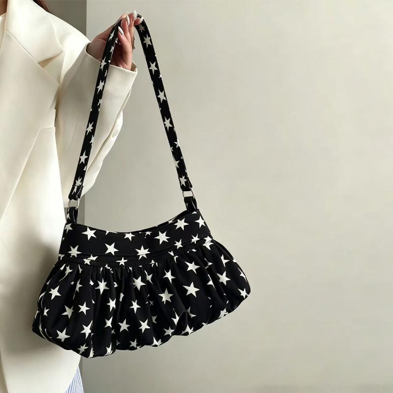 Retro Polka Dot Shoulder Bag Wooden Button Decor Handbag Pleated Design Soft Dumpling Bag Striped Pattern Casual Commuter Bag