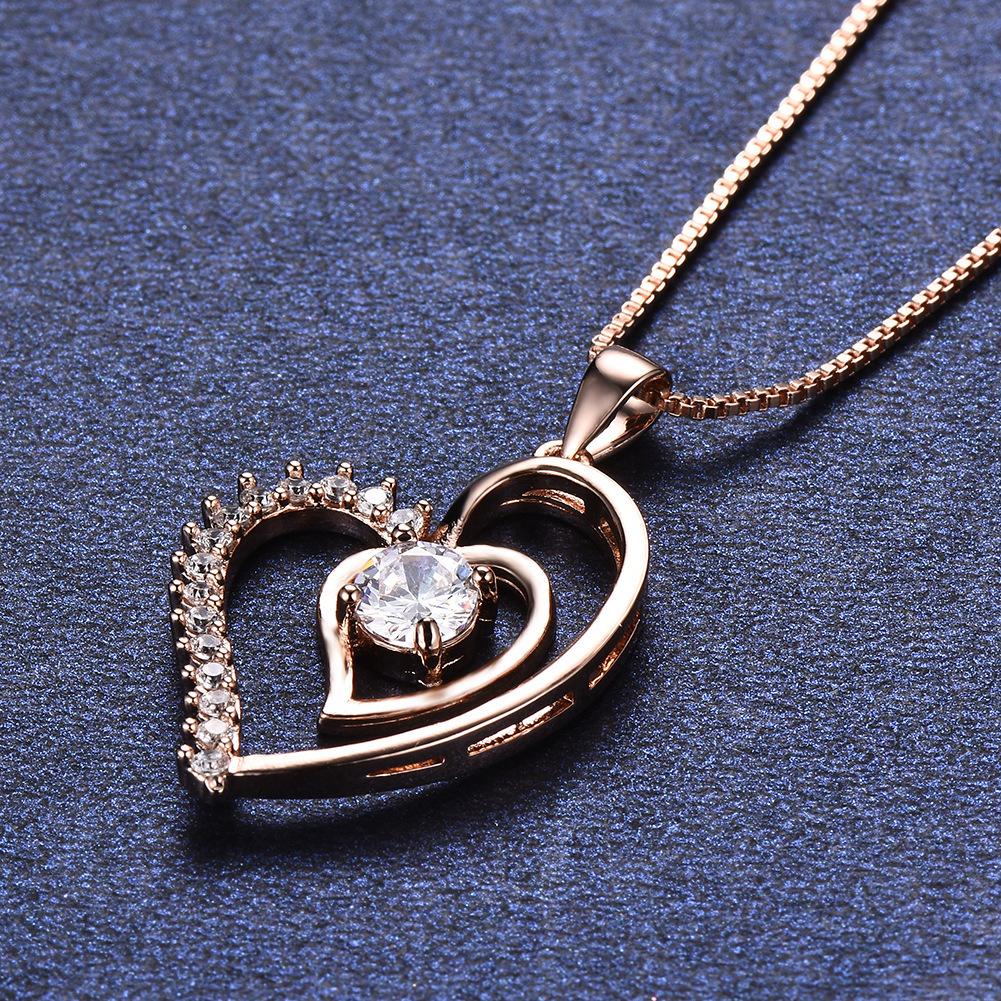 Versatile Japanese and Korean Silver Rose Gold White Diamond + Double Love Women's Necklace