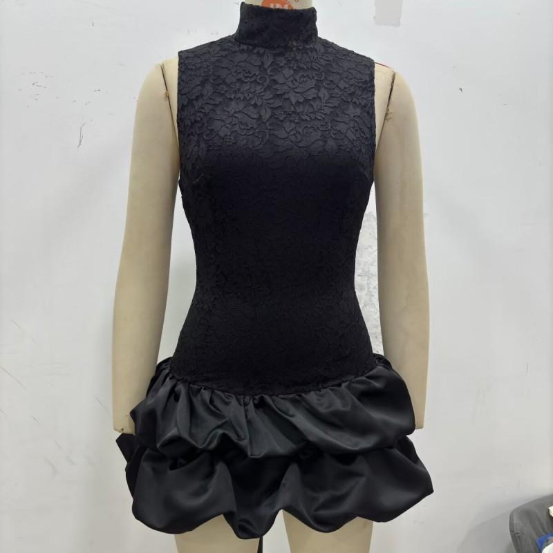Womens Fashion Spliced Lace Flared Mini Dress Street Style Slim Fit Party Wear