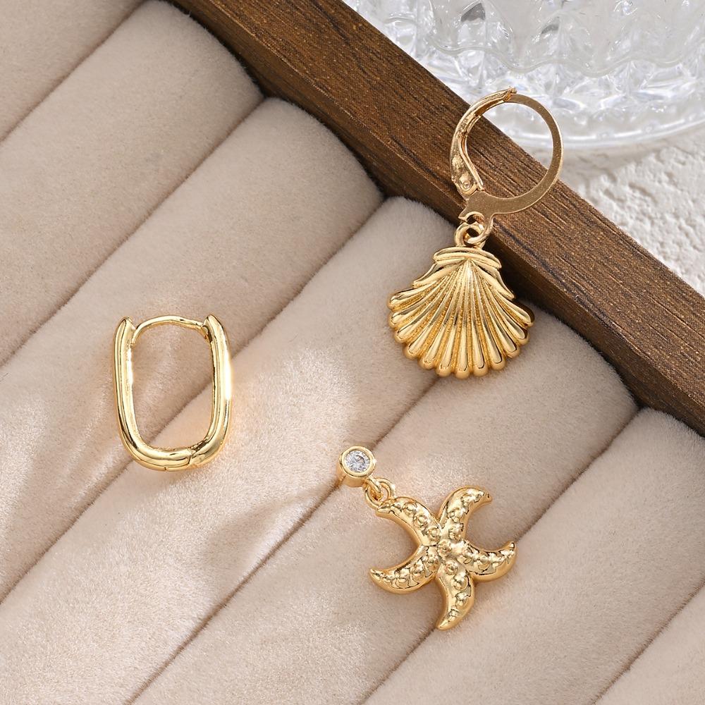 3pcs Set Creative Personality Gold Color Shell Starfish Stud Earrings Geometry Hoop Earrings for Women Beach Casual Jewelry Gift